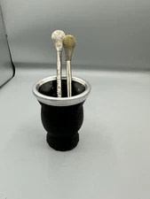 Yerba Mate Tea Set Leather & Steel Gourd W/ 2 Bombilla Straws Vintage Paraguay