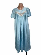 Vintage 70s Baby Blue Lace Floral Nightgown Dress Robe Button Front Size M