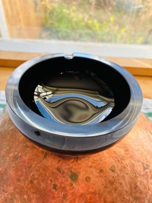 Vtg PITCH BLACK GLASS ASHTRAY Krosno Poland Handmade Art Glass MCM Heavy NWT