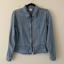 Vintage Crop Denim Full Zip Jacket Blue Sz S Peplum Western Boho Minimalist Y2K