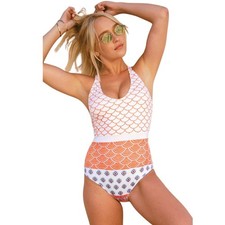 Cupshe Women's Geo Print Scoop Neck One Piece Swimsuit Orange Blue Size XL