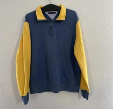 Tommy Hilfiger Men's Size Large Blue Yellow Colorblock 1/4 Zip Pullover Sweater 