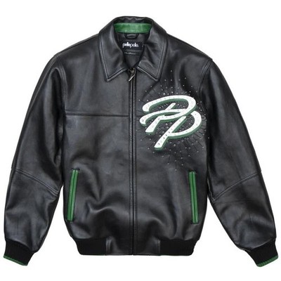 Premium Men's Black Leather Jacket Green Patch Bomber Streetwear Style