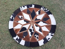 Natural Cowhide Patchwork Round Rug/Handmade Leather Carpet /Rustic Modern Rug