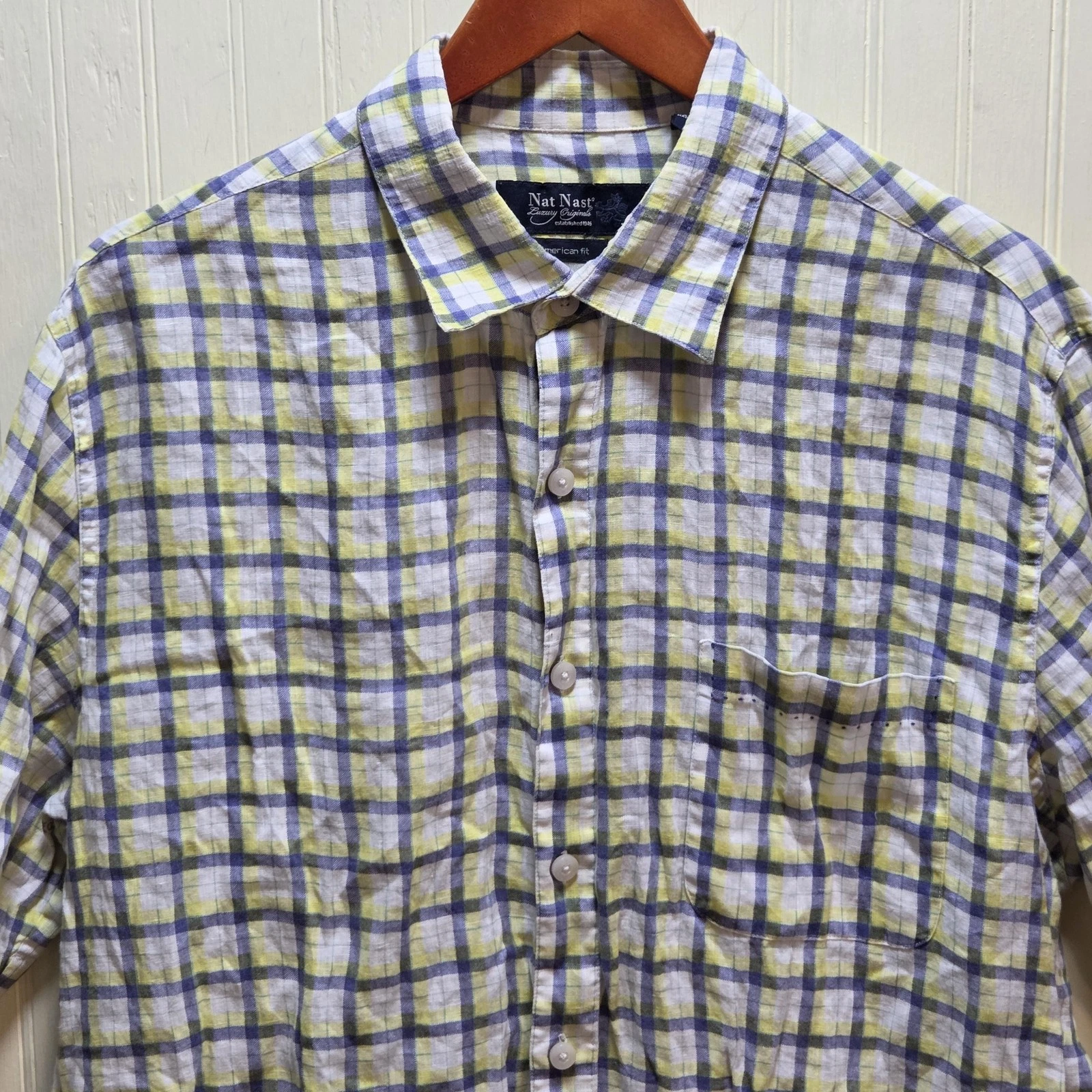 Nat Nast Shirt Mens Large Blue Plaid Short Sleeve Button Front Linen Casual