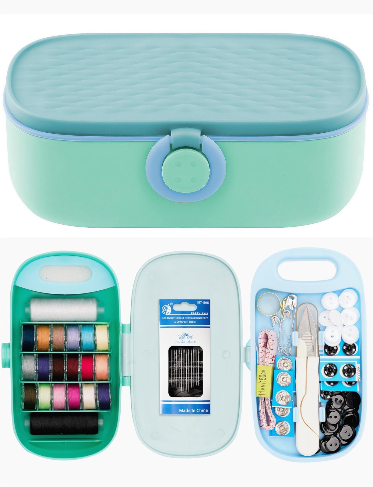 135 PCS Cyan Green Sewing Project Kit Family Travel Sewing Repair Supplies