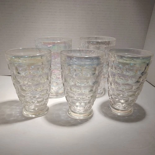 5 Vtg FEDERAL GLASS Yorktown IRIDESCENT Thumbprint Footed Tumblers