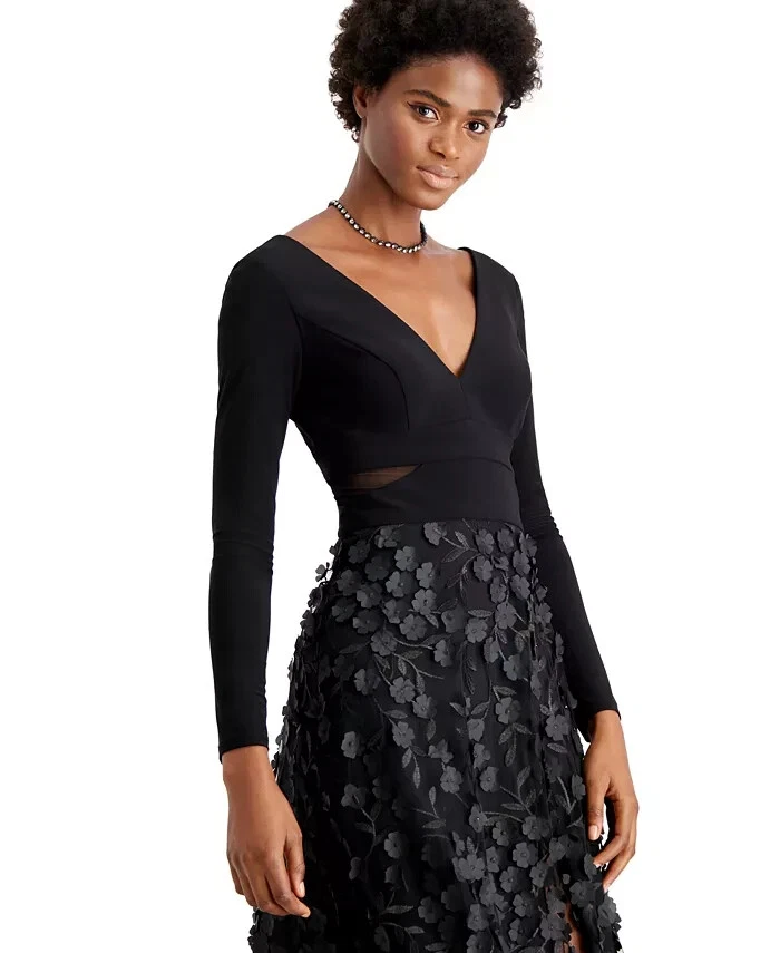 Vestido Xscape Negro Malla Recortado Flor Manga Larga Talla 10P $279 Foto 4 de 4