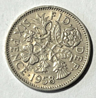 1958 UK Great Britain 6 pence Lucky Coin Tudor Rose Shamrock Thistle Leek Floral