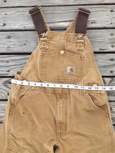 VINTAGE Carhartt Overalls Tan Duck Canva Bib Double Knee Size M Youth(28X18.5in) - Picture 10 of 20