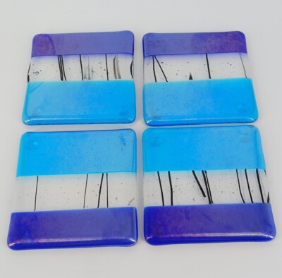 Fused Art Glass Coasters Chris Paulson Aqua & Colbalt Blue Iridescent Dichroic 