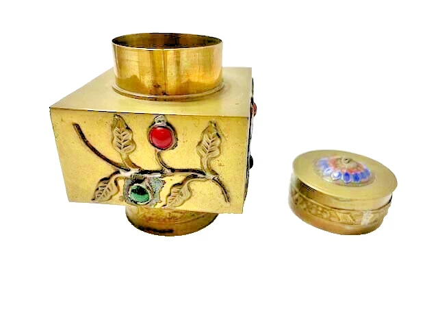 RARO TINTERO CHINO ANTIGUO con PIEDRAS OPACAS VERDES Y ROJAS EN 4 LADOS -UNA BELLEZA Foto 2 de 3