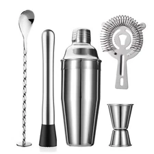 5-Piece Cocktail Shaker Set Shaker Strainer Jigger T-Mixing Spoon Muddler Bar...