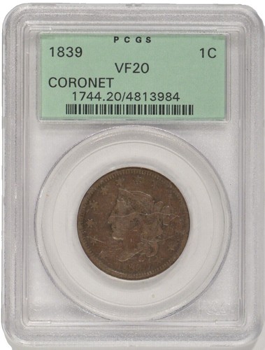 1839 Head of '38 Large Cent Nice Orig. Choice AU+ Details @ Half