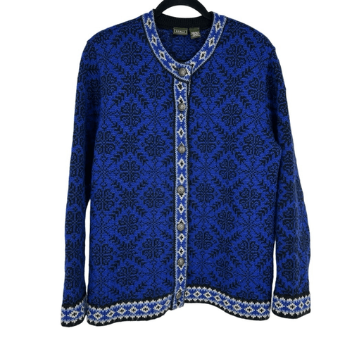Vintage LL Bean Cardigan Sweater M Wool Blue Norwegian Fair Isle Snowflake Nordi
