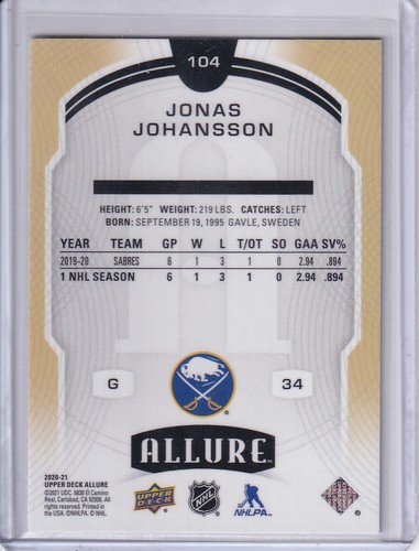 Jonas Johansson, Buffalo Sabres 2020-21 Allure Rookie Blue #104 - Picture 2 of 2