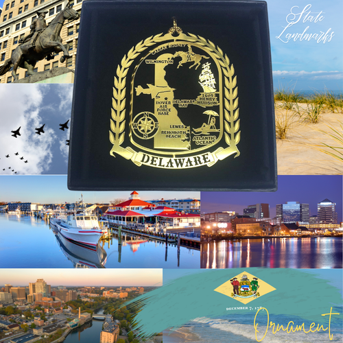 Delaware State Brass Ornament Personalize with Year Charm Cities Landmarks Icons - 第 1/10 張圖片