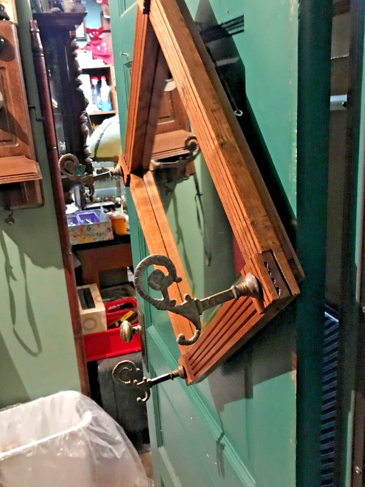 Antique Oak Diamond Shaped Beveled Mirror with 3 Coat Hooks                #9047 - Image 4 of 4