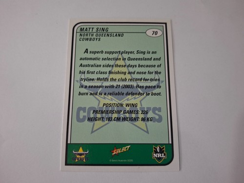 SIGNED 2005 Select NRL Tradition Card 78 MATT SING - NORTH QUEENSLAND COWBOYS - Picture 5 of 9