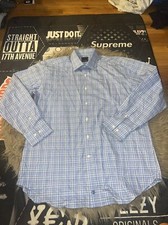David Donahue Dress Shirt Men's 17 x 34/35 Blue White Plaid Check Button Up