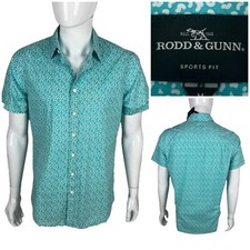 Rodd Gunn Mens Medium Shirt Green Sport Fit Short Sleeve Button Geometric NWT
