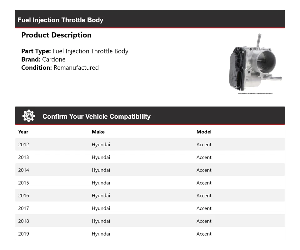 Carrocería de acelerador de inyección de combustible Cardone 2013 2014 2015 para Hyundai Accent 2012-2019 Foto 2 de 4