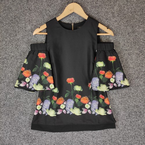 Ted Baker Womens Blouse Top Size 0 Black Floral Cold Shoulder Sleeve