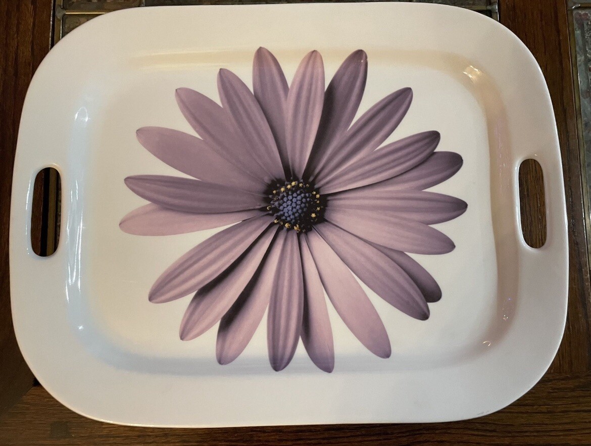 Isaac Mizrahi~Ironstone Platter Tray White Purple Flower Handles