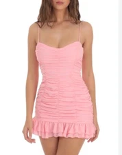 Lucy in the Sky Remi Ruched Bodycon Dress Pink Ruffle sz S Coquette