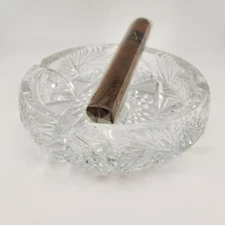 Vintage Ashtray Heavy Cut Glass Crystal Pattern with Etched  8 Point Star Cigar