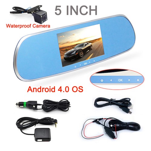 5'' Android GPS DVR Rear View Monitor Mirror + Car Backup Night Vision Camera