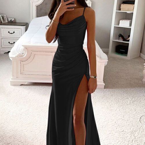 Damen Schlitz Trägerkleid Satin Partykleid Sommer Ballkleid Abendkleid Clbuwear - Bild 20 von 29