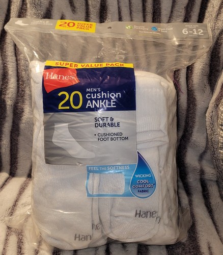 HANES White 20 PACK Pairs MENS CUSHION ANKLE SOCKS Shoe Size 6-12 Soft Durable