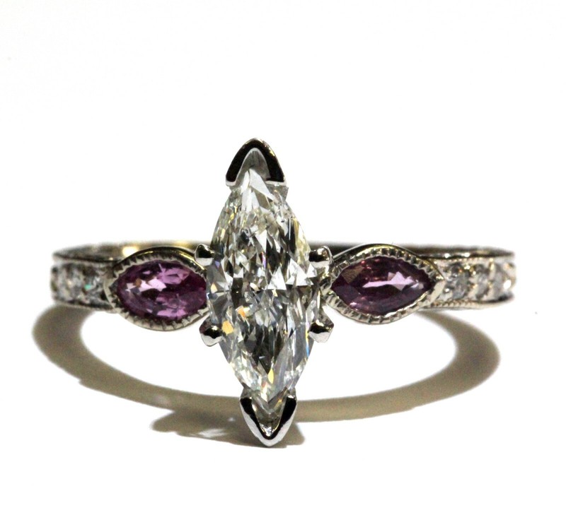 EGL certified 14k white gold 1.09ct Marquise diamond tourmaline engagement ring