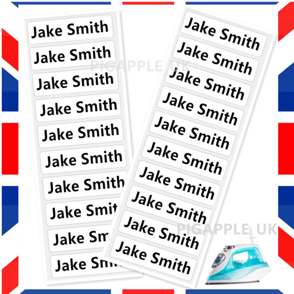 PIGAPPLE 50 PERSONALISED IRON ON NAME CLOTHING LABELS SCHOOL UNIFORM CARE HOME TAGS