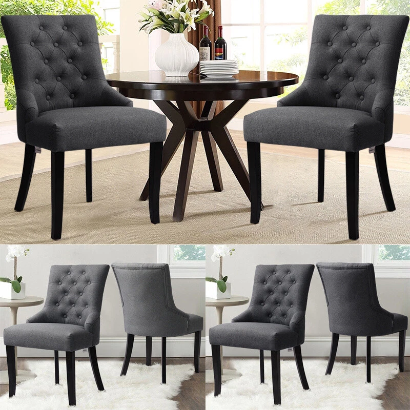 Set of 2 4pc Roll Top Scroll Back Linen Fabric Dining Chairs Buttoned Side Chair