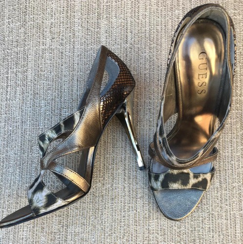 GUESS Sexy Snake Animal Print Leather Open Toe Silver Mirror Heels Size 6.5 M