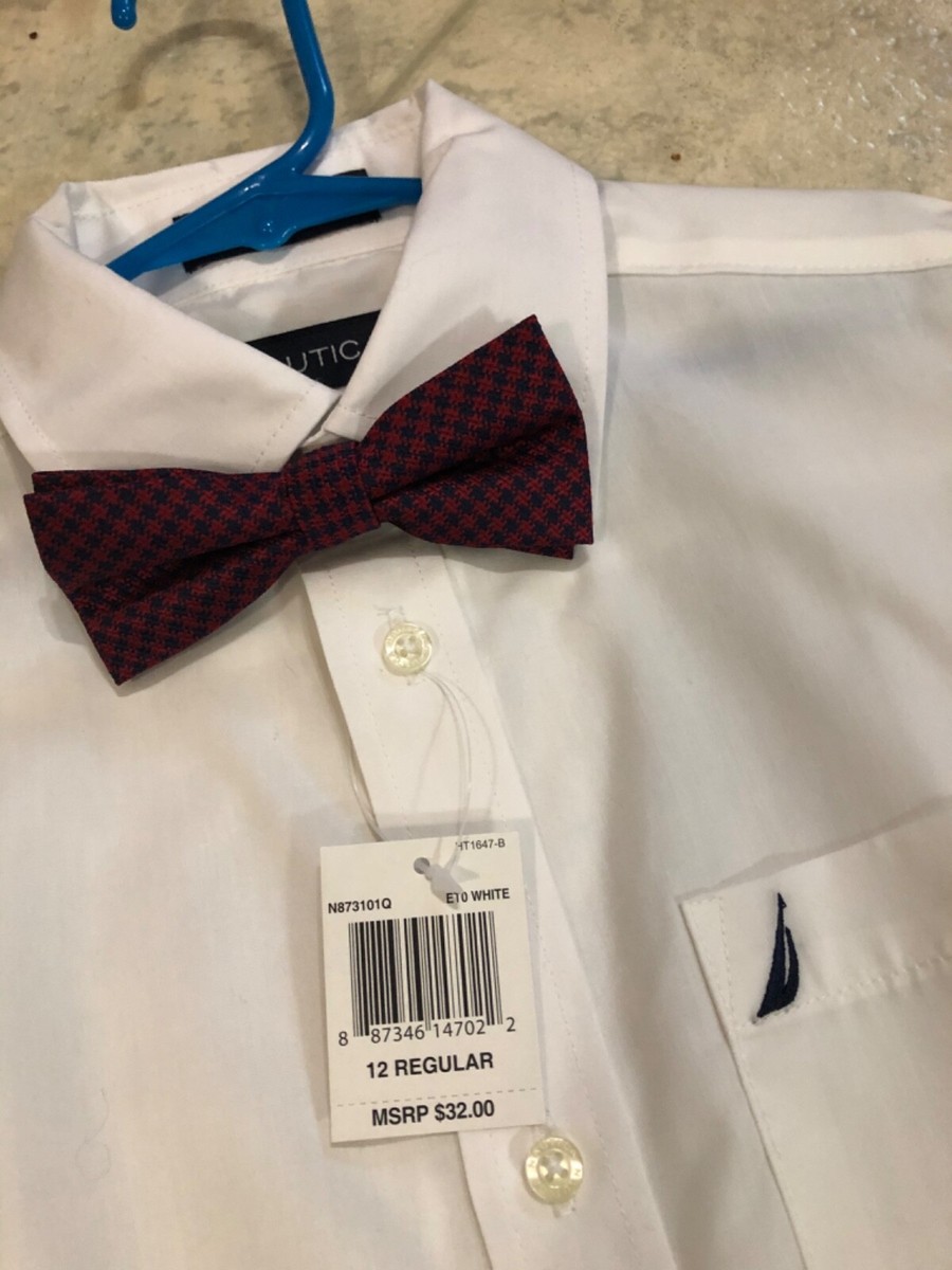 Nautica Boys Shirt with Bow Tie White Long Sleeve Regular Button