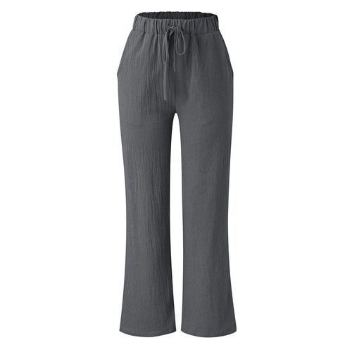 Women Plain Cotton Linen Wide Leg Pants Ladies Summer Casual Drawstring Trousers - Picture 7 of 62