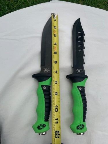 2 TAC XTREME Fixed 12" Black Blade Knife w/Sheaths Green and Black Handle - Picture 4 of 9
