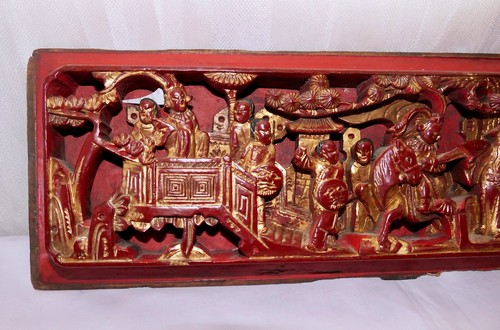 Qing Chinese Hand Carved Red Gold-Gilt High Relief Heavy Wood Temple Scene Panel - Picture 5 of 14