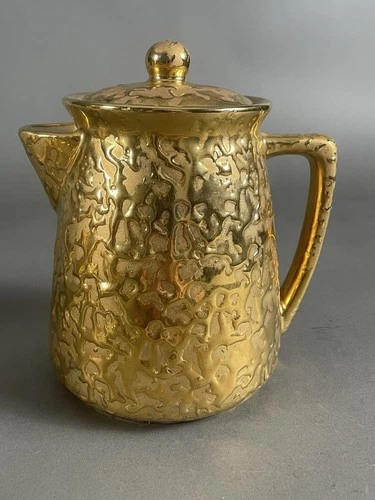 McCoy USA Vintage 24 Kt Gold Overlay Ceramic Coffee Pot Weeping Bright Gold