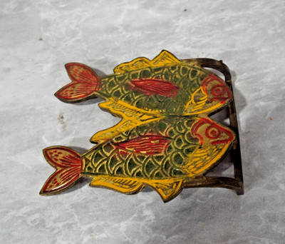 Vintage Painted Double Fish Brass Belt Buckle From India