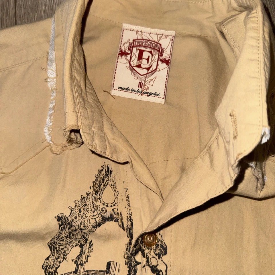 Division E Shirt Mens size M Beige Religous theme Cuff Long Sleeve made in LA - Image 3 of 4
