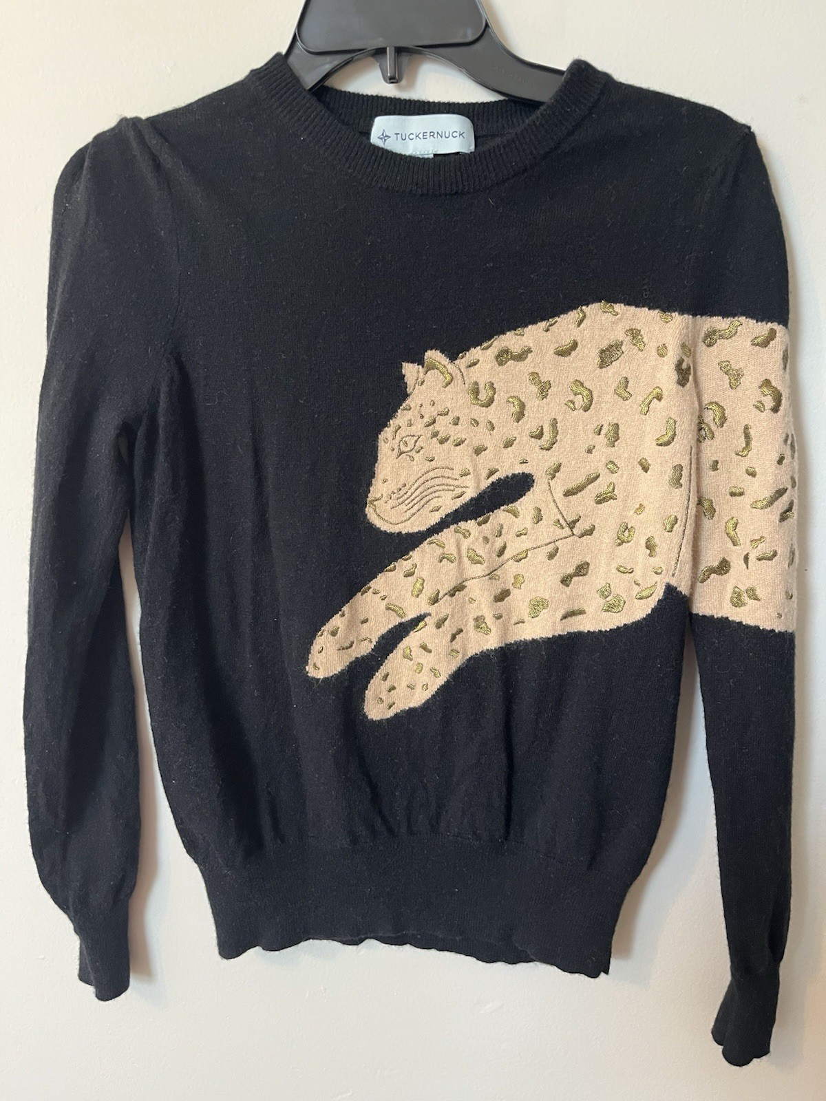 Tuckernuck Leopard Embroidered Animal Print Black Gold Wool Blend Sweater XS EUC