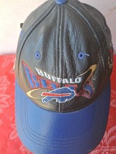 Vintage Buffallo Bills Black Genuine Leather One Size Cap Blue Brim USA Made...