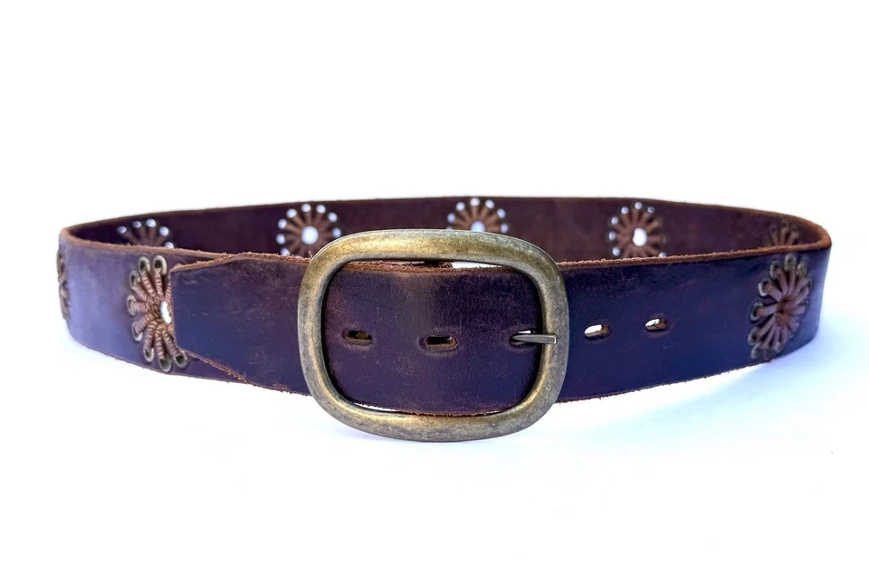 Cinturón de cuero de latón con flores de encaje marrón chocolate vintage HTC sin estampar 38 L XL Foto 2 de 4