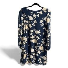 Apricot Navy Blue Cream Floral Long Sleeve Shift Dress Size M