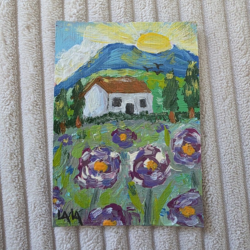 ORIGINAL ACEO Folk Art Painting Landscape House Home Hills Sun Meadow Mountain