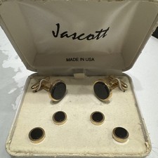 Vintage Jascott Onyx Cufflinks  Studs Set Gold Tone USA   Pre-Owned 1